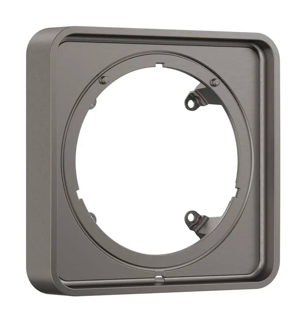 Schlichte, quadratische Verlängerungsrosette aus Metall mit runder Aussparung, die für Hansgrohe Produkte geeignet ist. Oberfläche in gebürstetem Schwarzchrom.